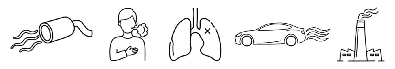 Air pollution and its impact on human health line art icons in a minimalist black and white design