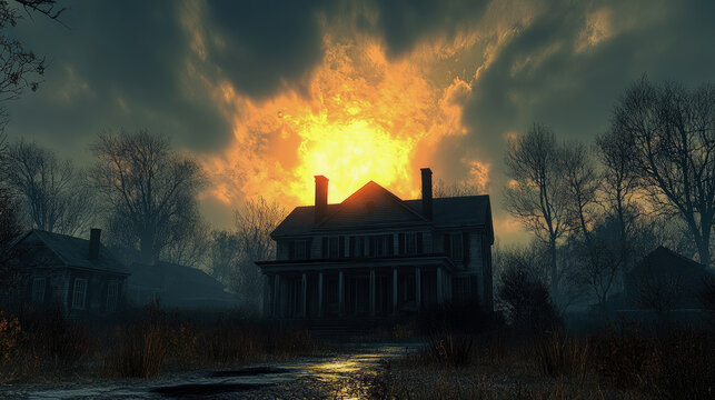 Eerie abandoned mansion silhouetted against colossal, fiery orange and yellow celestial glow in dark, cloudy sky, surrounded by desolate bare trees and wet, reflecting path, evoking dramatic and omino