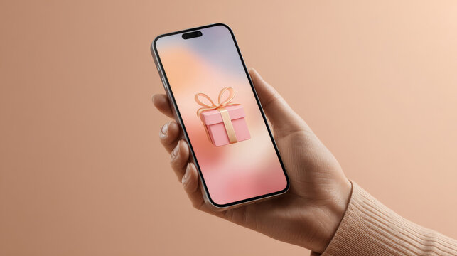 Smartphone held in a man's hand displaying a gift icon against a soft background