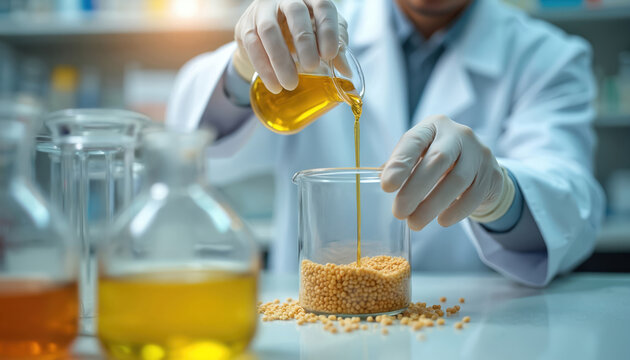 Scientist in lab coat with gloves pours yellow liquid from beaker into another with small seeds. Researching food quality and safety in laboratory setting. - Powered by Adobe