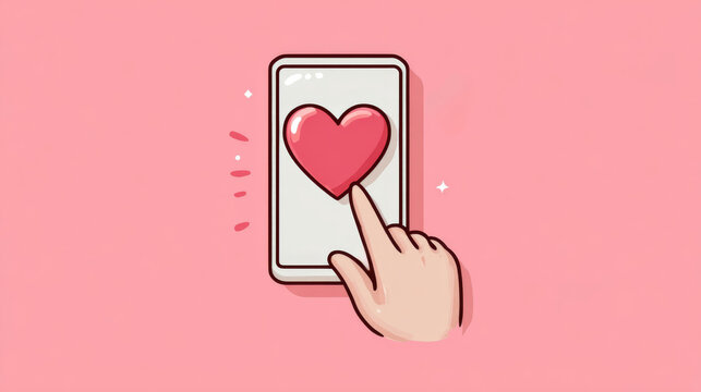 Cartoon heart icon on smartphone screen with hand touching it in a bright pink background - Powered by Adobe