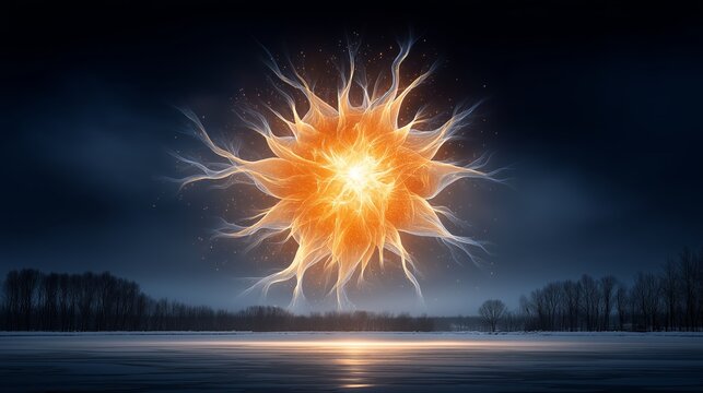 Fiery glowing energy sphere rising above a frozen winter landscape creating a dramatic surreal and powerful luminous celestial scene, Generative AI