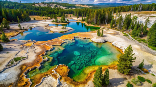 Vibrant colorful geothermal hot spring pools surrounded by green pine forest nature landscape during sunny day - Powered by Adobe
