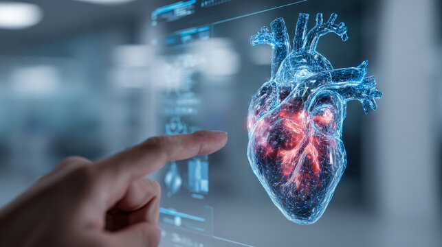 Digital heart icon displayed on a futuristic screen with a person's finger pointing at it