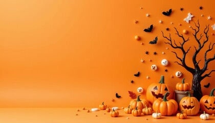 Festive Halloween Scene with Orange Background, Pumpkins, Bats, and Spooky Decorations for Autumn Celebrations
