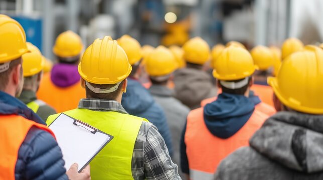 The construction workers wearing yellow hardhats at an industrial safety briefing