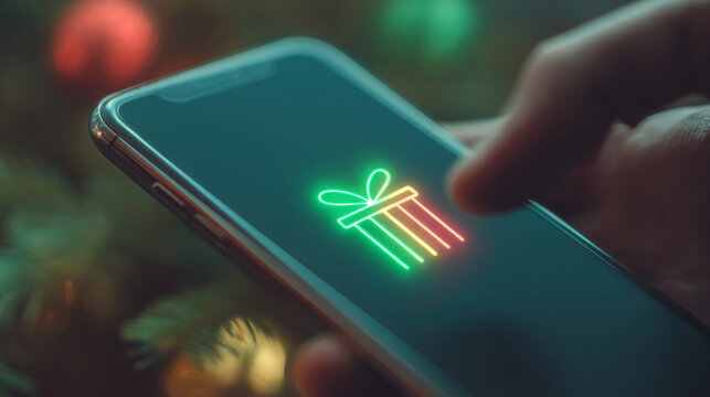 Neon gift icon displayed on a smartphone during festive celebrations