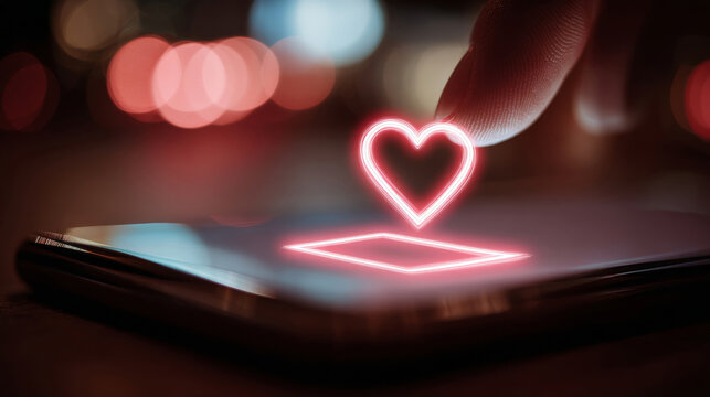 Neon heart icon illuminated on smartphone screen at night with a finger tapping the display