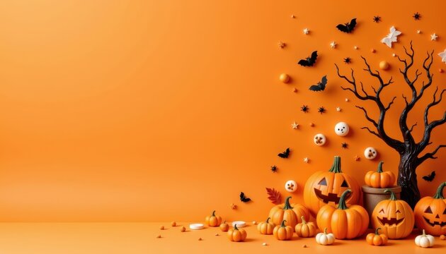 Festive Halloween Scene with Orange Background, Pumpkins, Bats, and Spooky Decorations for Autumn Celebrations