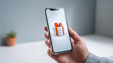Hand holding smartphone above a table displaying a gift box with vibrant ribbon