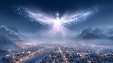 Glowing celestial angel spreading radiant wings above a snowy winter city, creating a magical festive atmosphere filled with peace and holiday wonder, Generative AI