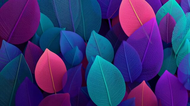 A colorful leafy background with a pink leaf in the middle. The background is a mix of purple and blue leaves