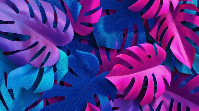 A colorful background of leaves with blue and pink colors. The leaves are arranged in a way that they look like they are growing out of the background