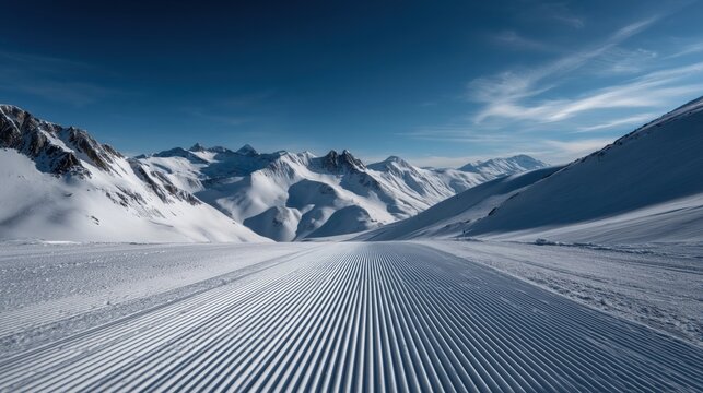 The Groomed Ski Slope Leading Toward Snow Capped Mountains Under Dramatic Blue Sky