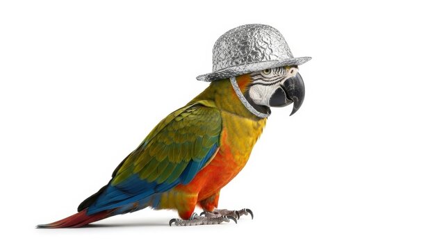 parrot wearing a tinfoil hat, paranoid, paranoia, on a white background, animal photo