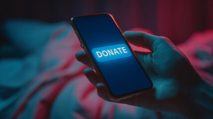 Close-up of smartphone screen showing blue donate button in low light setting