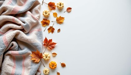 Cozy autumn composition featuring a textured blanket, small pumpkins, and colorful leaves on a white background