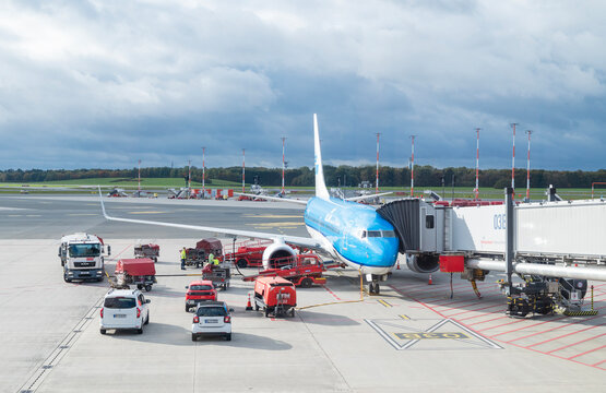 Hamburg Germany , October 12, 2025 aircraft KLM at the airport terminal during boarding of passengers and servicing at the gate