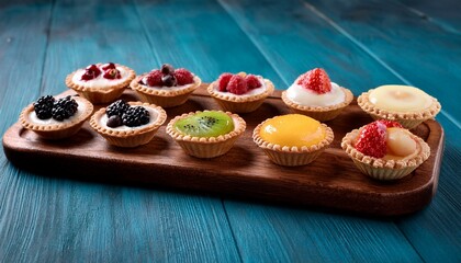 assorted mini tarts on a wooden tray