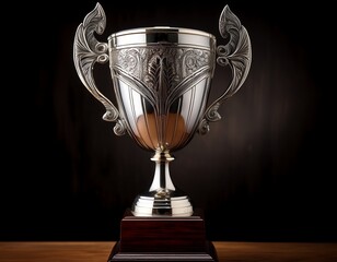 ornate silver trophy with wooden base a polished silver trophy goblet shaped with decorative handles and a detailed base
