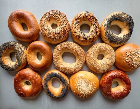 row of various bagels top view - Powered by Adobe
