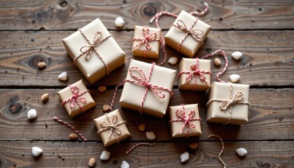 Charming Wrapped Gifts in Neutral Tones on Rustic Wooden Background Ideal for Celebrations and Special Occasions