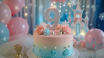  Pastel pink and blue birthday cake with a glittering number 9 topper, snowflake decorations, pearls, and festive balloons in a magical party setting. - Powered by Adobe
