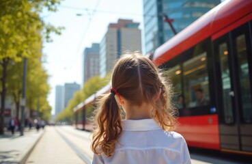 Girl child looks at passing tram. Child watches public transport on city street. Red tram passes near child on sunny day. Urban life travel.