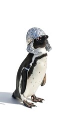 Obraz premium Penguin Wearing a Tinfoil Hat on White Background