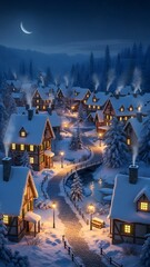 Snowy Village Night Lights