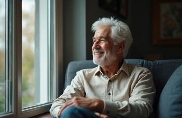 Elderly man with white hair, beard smiles warmly. Sits comfortably on gray sofa, looking through home window, enjoying view. Senior male appears happy, relaxed, enjoying calm time indoors.