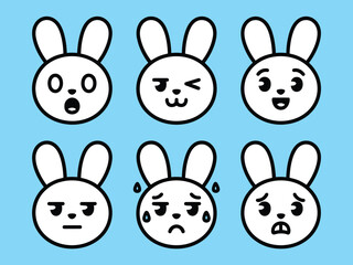 A set of cartoon bunny faces expressing various emotions on a blue background.
