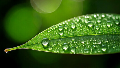 A vibrant green leaf rests in a garden, adorned with clear water droplets that glisten in the soft sunlight, creating a serene and refreshing atmosphere Generative AI