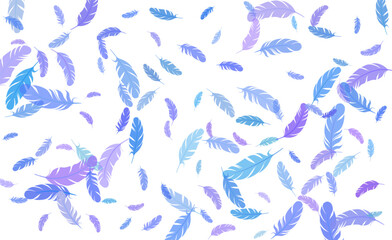Lightweight blue and purple bird feathers scattered and floating in air against white background. Airy soft gentle decorative element or pattern. Vector feathers