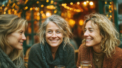 three happy, smiling mature women friends enjoying a relaxed conversation outdoors on a winter evening, surrounded by sparkling, festive string lights that create a beautiful, celebratory