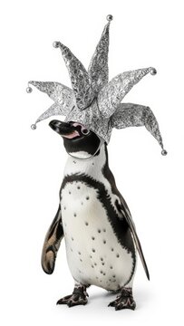 penguin wearing a tinfoil hat, paranoid, paranoia, on a white background, animal photo