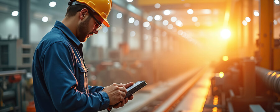 Man in hard hat with tablet inspects factory machines. Technician works indoors on manufacturing equipment. Industry professional uses digital device for job.