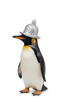 penguin wearing a tinfoil hat, paranoid, paranoia, on a white background, animal photo