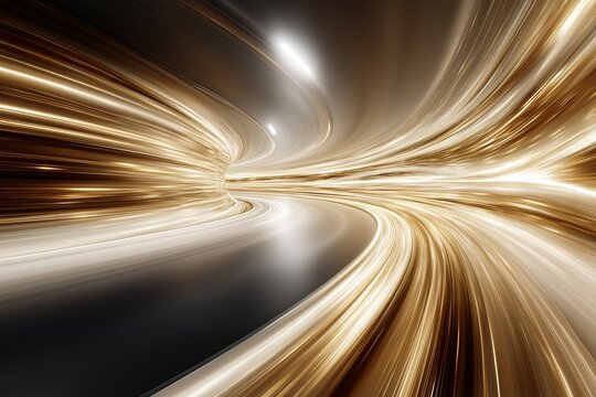 Golden abstract motion streaks creating a dynamic futuristic light speed effect with flowing curved energy lines and metallic shine, Generative AI