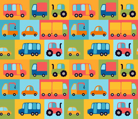 Bright seamless pattern with cars, trucks, buses and tractors. Colorful design for kids