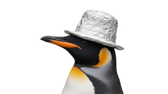 penguin wearing a tinfoil hat, paranoid, paranoia, on a white background, animal photo