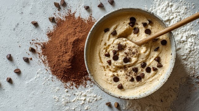 Chocolate chip cookie dough with ingredients for baking inspiration
