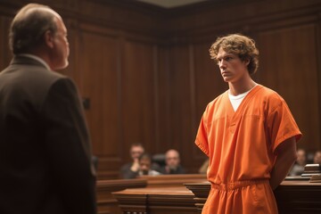 Young Defendant Standing Before a Judge and Lawyer in a Wood-Paneled Courtroom