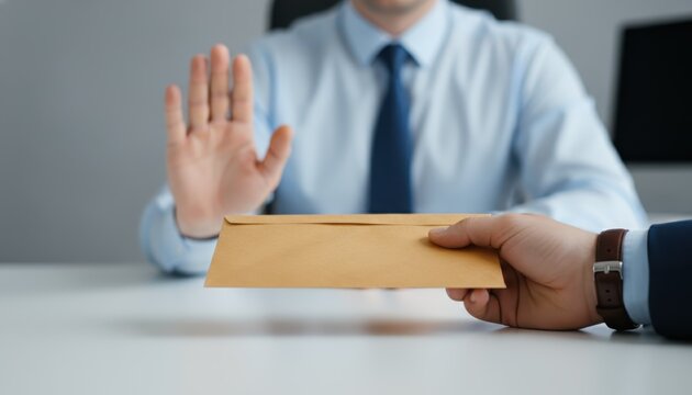 Ethical businessman refuses a bribe, making a stop gesture as an envelope containing illicit money is offered across the desk.