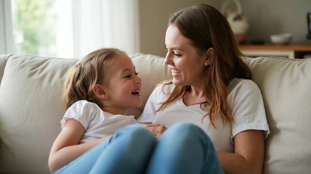 Mother engaging with daughter on sofa at home, enjoying playful tickling, creating a warm family atmosphere indoors, showcasing love and connection in an intimate setting..