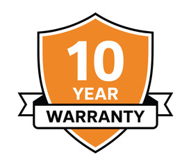 A shield emblem displaying '10 YEAR WARRANTY' in bold lettering signifies product assurance.