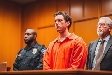 Defendant in Orange Jumpsuit Standing with His Lawyer and a Guard in Court