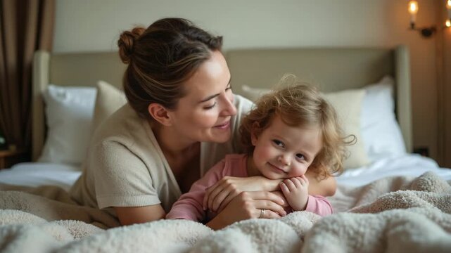Mother tickling her daughter with love in a cozy bedroom setting, surrounded by soft pillows and natural light, capturing a joyful moment of family bonding and happiness..