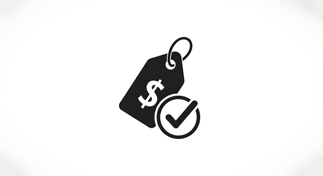 Price tag with dollar sign and check mark in circle on a white background in a minimal style ai generated