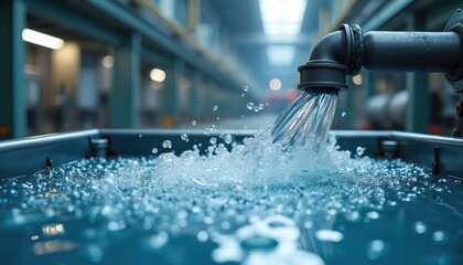 Water flows from pipe into tank creating bubbles and ripples. Industrial machine process cooling system fills reservoir, creating motion and splash effects. Clear fluid movement.
